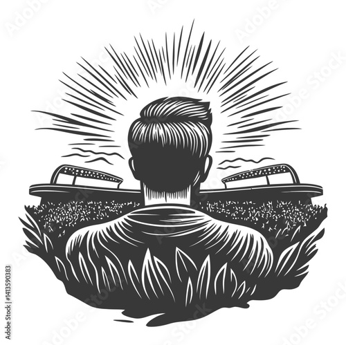 Engraved Silhouette of a Man Observing a Sports Stadium Scene