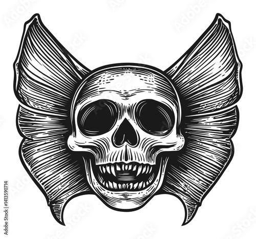 Vintage Engraving of Skull with Wings in Detailed Black and White