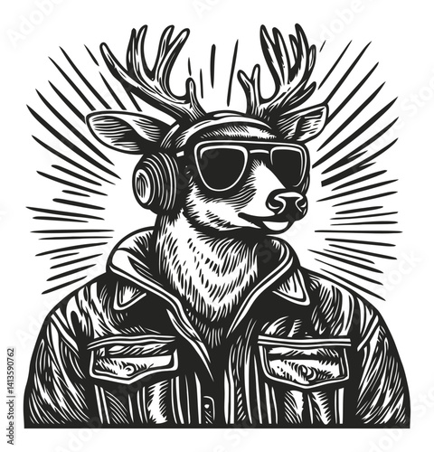 Stylish Deer Wearing Headphones and Sunglasses in Engraved Design