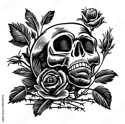 Skull With Roses Woodcut Style Art Illustration on White Background