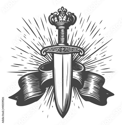 Vintage Decorative Engraving of Sword with Crown and Ribbon Design