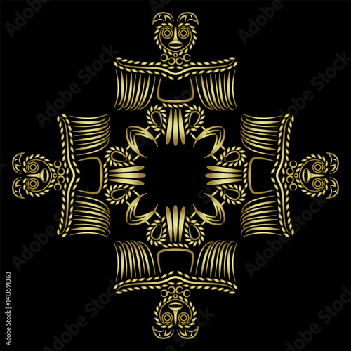 Square geometrical design or mandala with four stylized owls. Ethnic Russian totem bird symbol from ancient Siberia. Animal Permian style. Golden glossy silhouette on black background.