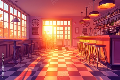 Cozy Bar Interior with Vibrant Colors and Checkered Floor  A Stylish Urban Hangout for Evening Relaxation