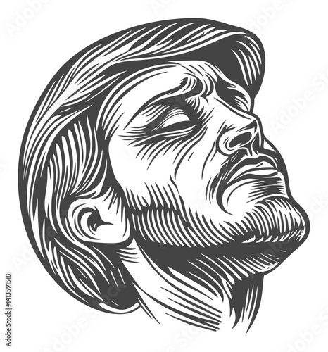 Detailed Engraving of a Man with a Thoughtful Expression