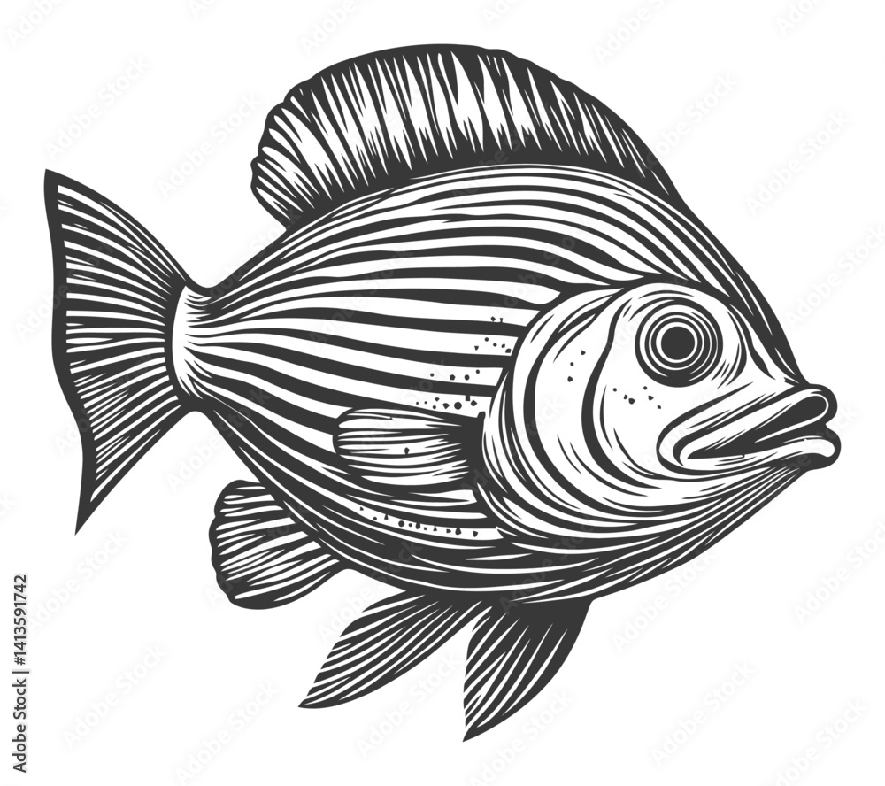 Fototapeta premium Engraving of a Striped Fish in Detailed Black and White Design