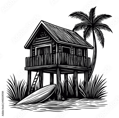 Rustic wooden house on stilts beside palm trees by the water