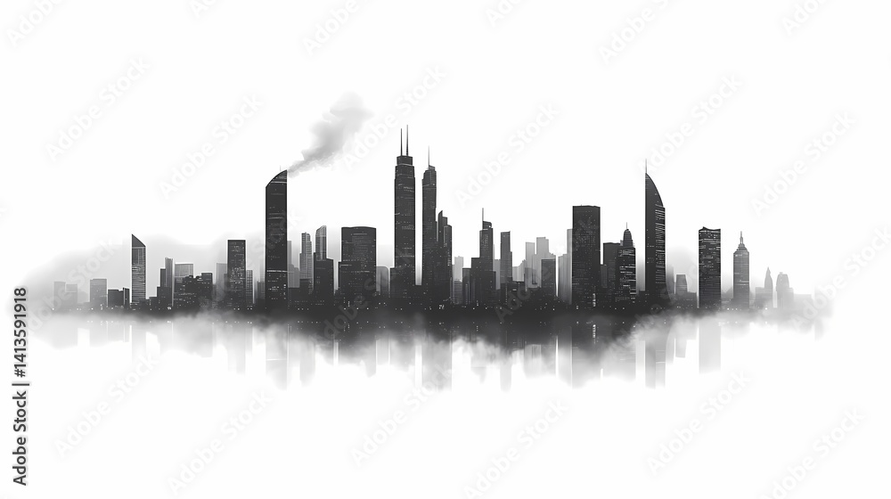 Naklejka premium Cityscape Skyline Silhouette of Modern Skyscrapers in Foggy Metropolitan Horizon - Abstract Urban Landscape Illustration