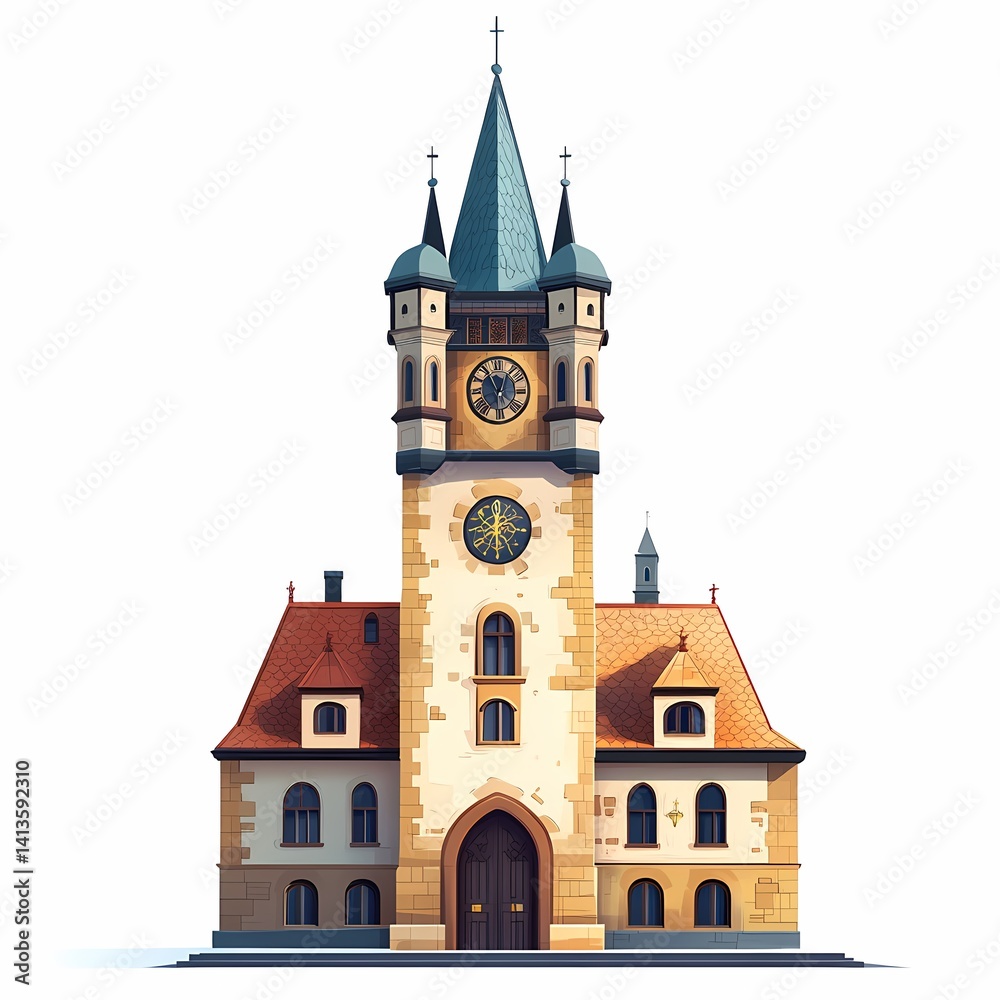 Fototapeta premium Medieval Style Clock Tower. Historic Landmark and Architectural Masterpiece in Traditional European Design - Tourist Attraction and Cultural Heritage Gem