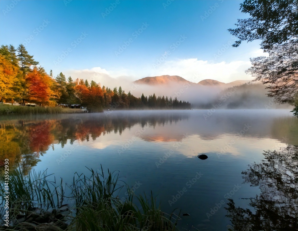 Fototapeta premium Foggy Morning Lake with Reflection – Stillness, calm, and peaceful vibes.