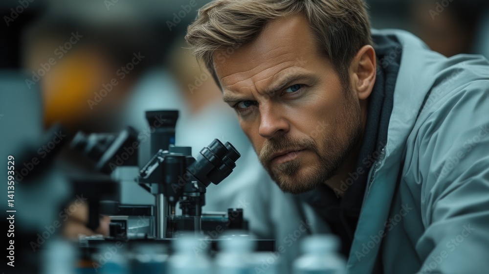 Scientist Focused on Microscope Analysis in Laboratory Setting Scientist Focused on Microscope Analysis in Laboratory Setting