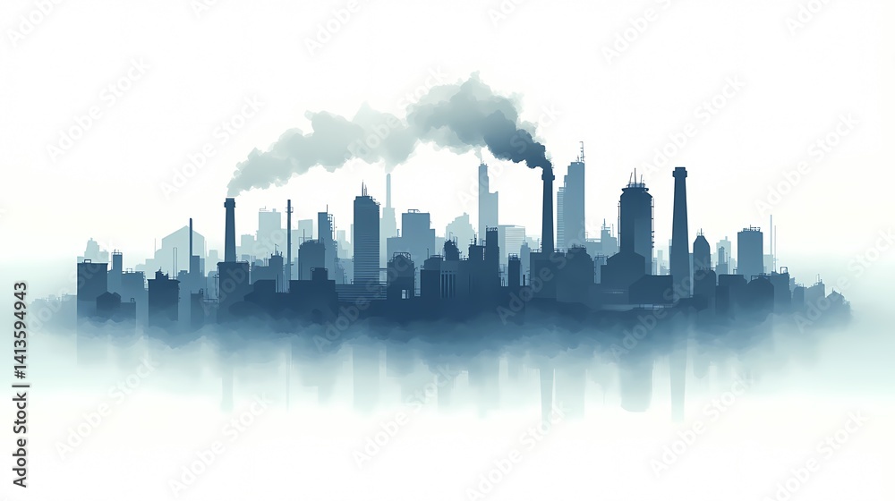 Fototapeta premium Urban Skyline with Industrial Pollution and Environmental Impact - Illustration of Metropolis and Climate Change Shadows