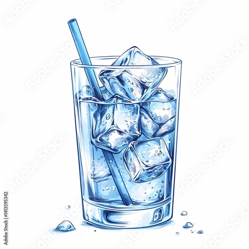 Refreshing Cold Beverage with Ice Cube and Clear Straw in Highball Glass - Realistic and Detailed Illustration