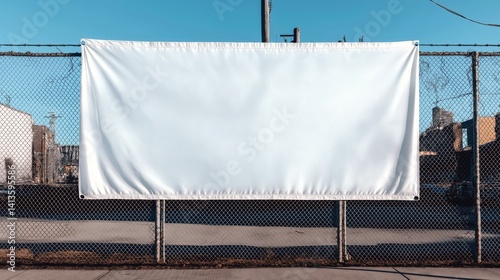 A large, white, rectangular banner hangs from a metal chain-link fence, draped with subtle folds and wrinkles evocative of a canvas material.