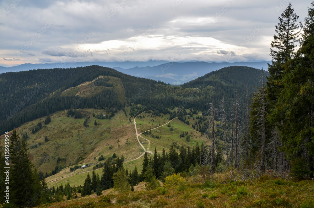 Obraz premium Tranquil mountain setting showcasing verdant forests, lush valleys, and soft skies with distant peaks hinting at serenity and natural beauty. Carpathian Mountains, Ukraine