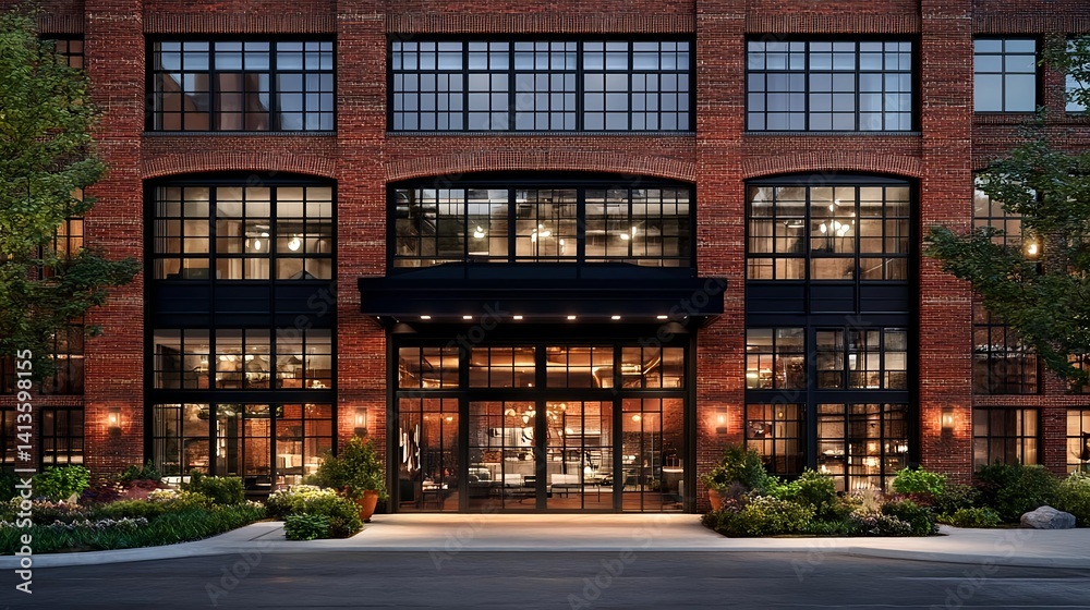 Modern Industrial Building Exterior with Large Windows and Landscape Modern Industrial Building Exterior with Large Windows and Landscape