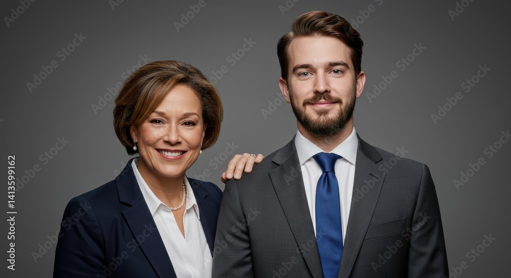 Two professionals posing for a formal portrait against a dark gray background Two professionals posing for a formal portrait against a dark gray background