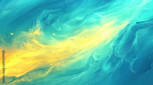 Fluid abstract painting featuring swirling turquoise and golden hues.