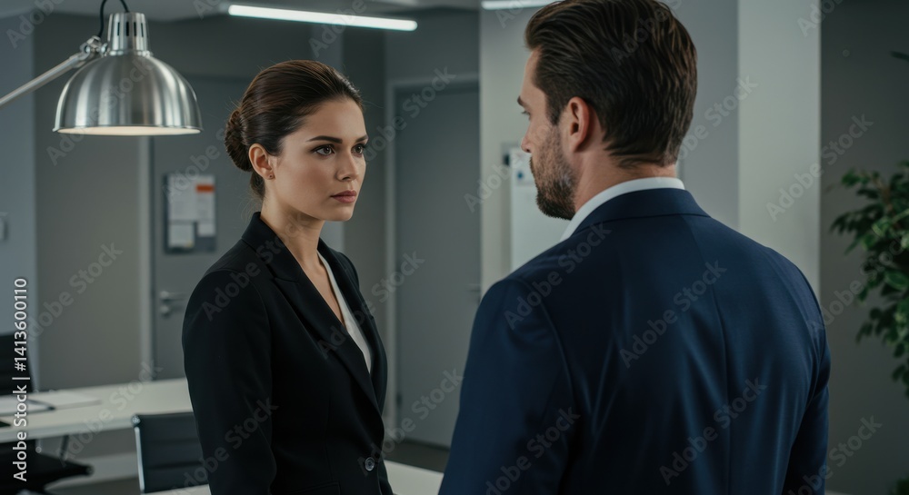 Two professionals engaged in a serious discussion in a modern office setting Two professionals engaged in a serious discussion in a modern office setting