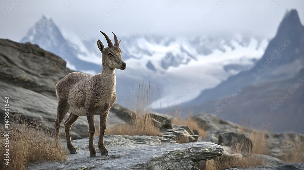Obraz premium Young mountain goat majestic mountain range wildlife photography