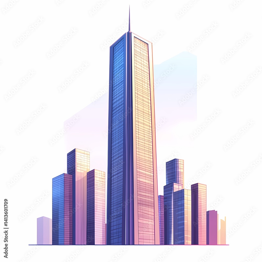 Modern Skyscraper Cityscape. Futuristic Architecture and Urban Skyline in Vibrant Blue and Pink Tones. Digital Illustration Modern Skyscraper Cityscape. Futuristic Architecture and Urban Skyline in Vibrant Blue and Pink Tones. Digital Illustration