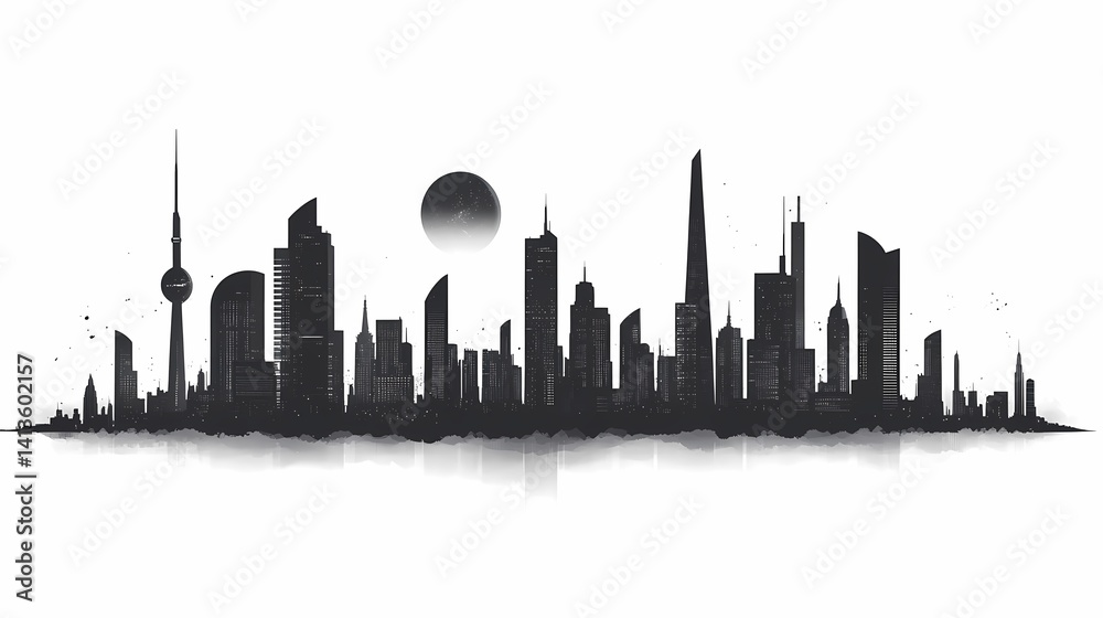 Fototapeta premium Modern Cityscape Silhouette. Black and White Urban Skyline Art with Minimalist Vector Design