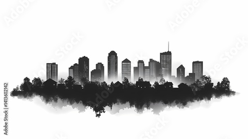 Wallpaper Mural Black and White City Skyline Silhouette with Urban Architecture and Forest Horizon View in Minimalistic Digital Art Illustration Torontodigital.ca