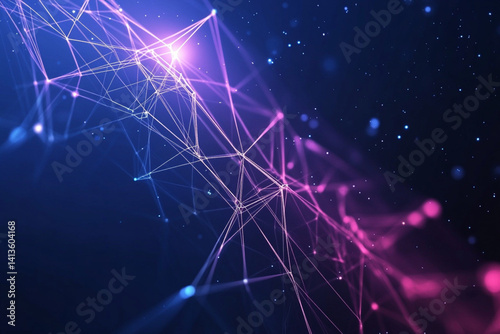 A complex, abstract image features a network of interconnected lines and points. The lines and points create a web-like structure that appears three-dimensional. 