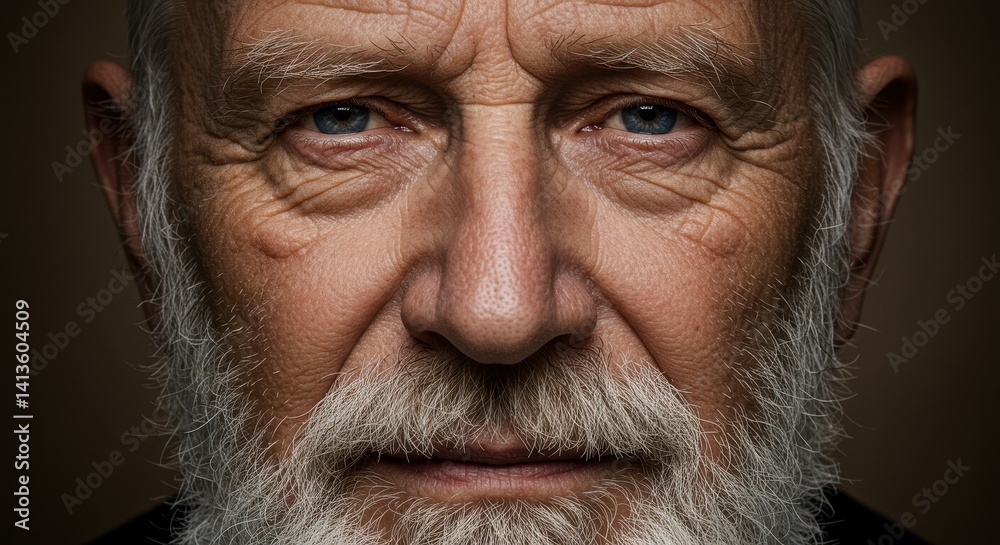 Close-up portrait of an older man with striking blue eyes and a weathered complexion