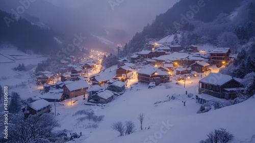 A snow-covered mountain village at twilight, illuminated by warm lights. photo