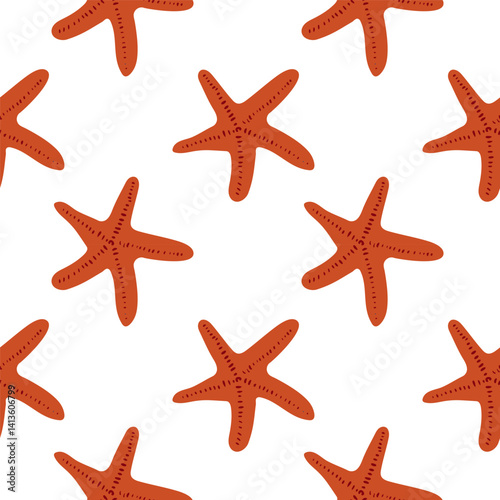 Colorful orange starfish pattern on a white background showcasing marine life design
