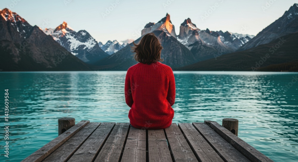 Fototapeta premium Person in red sweater sitting on wooden dock overlooking turquoise water and snow-capped mountains