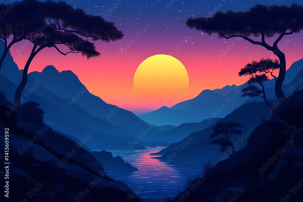 Naklejka premium Breathtaking Sunset Landscape Illustration. Serene River & Vibrant Mountain Silhouettes at Twilight