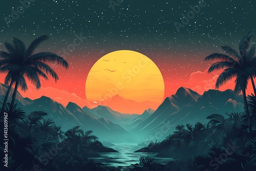 Tropical Sunset Vector Art. Scenic Palm Trees and Mountains for Serene Wilderness Exploration