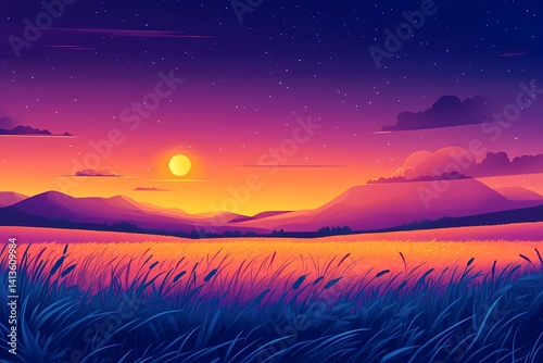 Vibrant Sunset Landscape Over Mountains. A Scenic Horizon in Digital Art