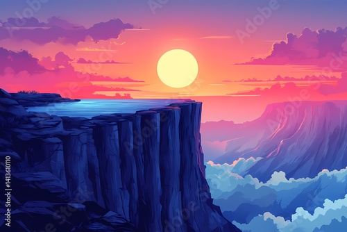 Majestic Sunset Landscape. Vibrant Sky and Isolated Cliff in Dreamy Digital Art