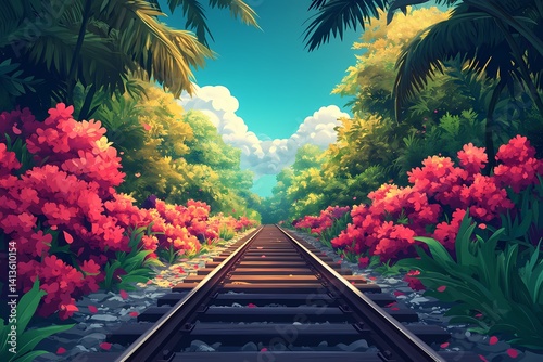 Scenic Railway Tracks Amidst Vibrant Tropical Landscape with Lush Foliage and Colorful Springtime Flowers