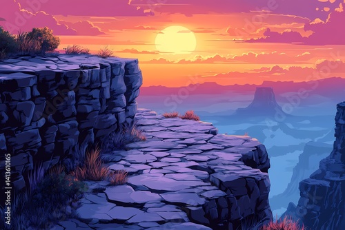 Vibrant Landscape Illustration of Sunset over Rocky Terrain. Scenic View with Dramatic Clouds and Colorful Sky Reflection Majestic Geology and Natures Beauty in Digital Art