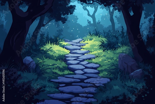 Magical Forest Pathway. Mystical Night Adventure in Dense Woodland