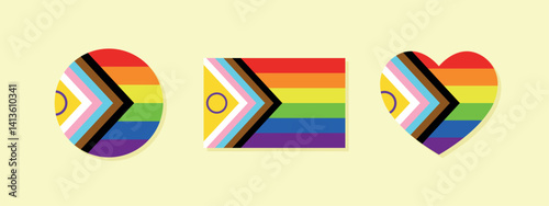 Progress Pride Flag set of icons, heart symbol, circle, vector design elements