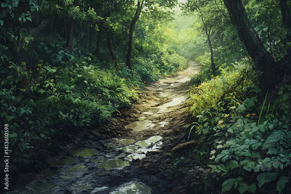 Obraz premium Nature's Challenge: Navigating Muddy Trails in Lush Paradise