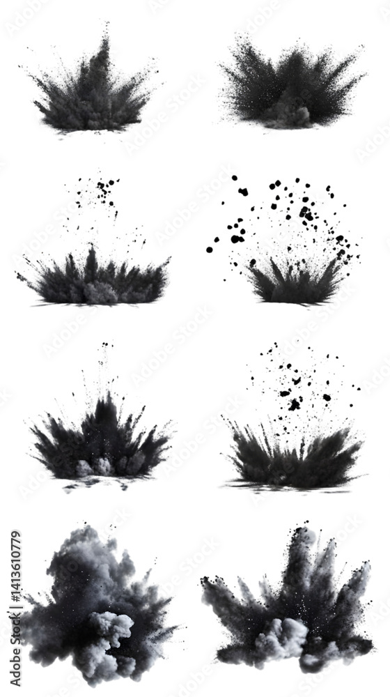 Abstract Explosion Effects in Black and White Isolated on Transparent Background
