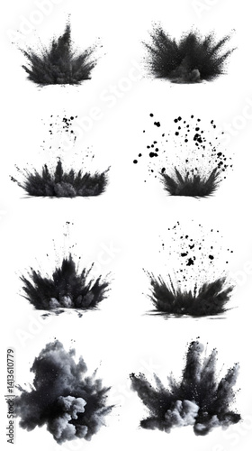 Abstract Explosion Effects in Black and White Isolated on Transparent Background
