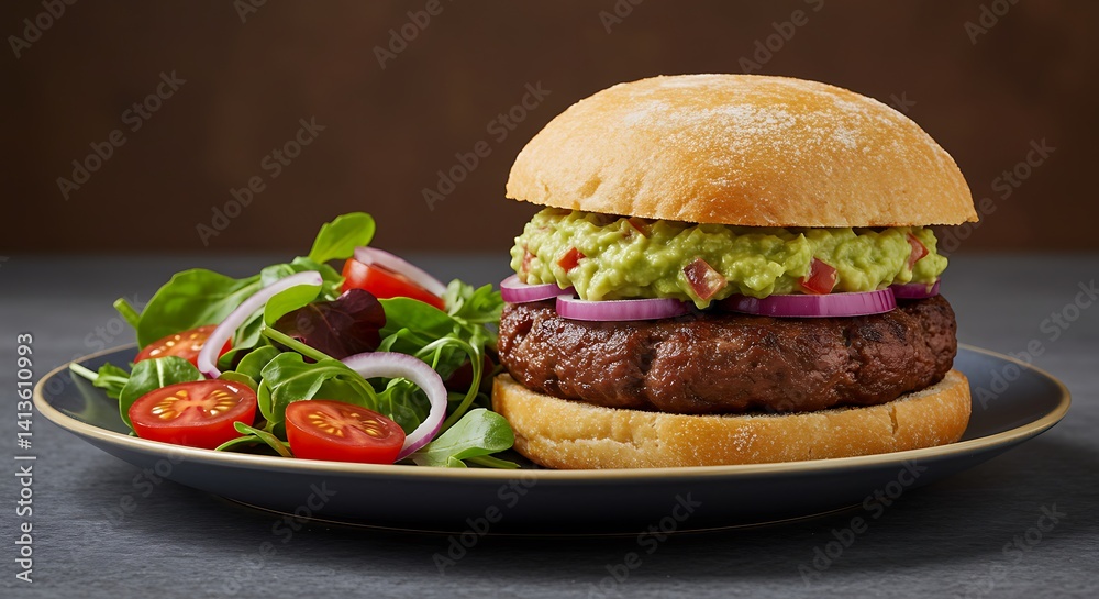 Juicy Beef Burger Topped with Guacamole and Red Onion Served with Side Salad Juicy Beef Burger Topped with Guacamole and Red Onion Served with Side Salad