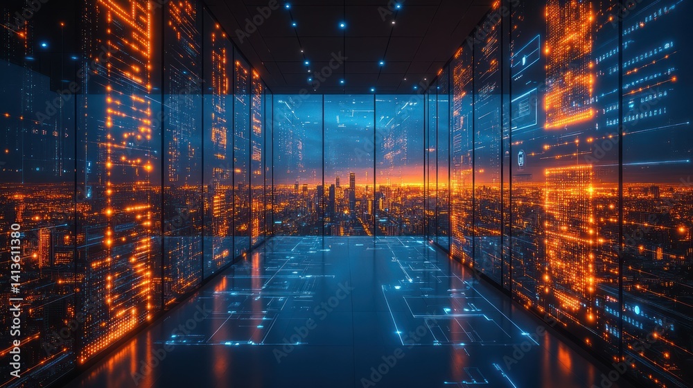 Futuristic server room with city view at sunset. Futuristic server room with city view at sunset.