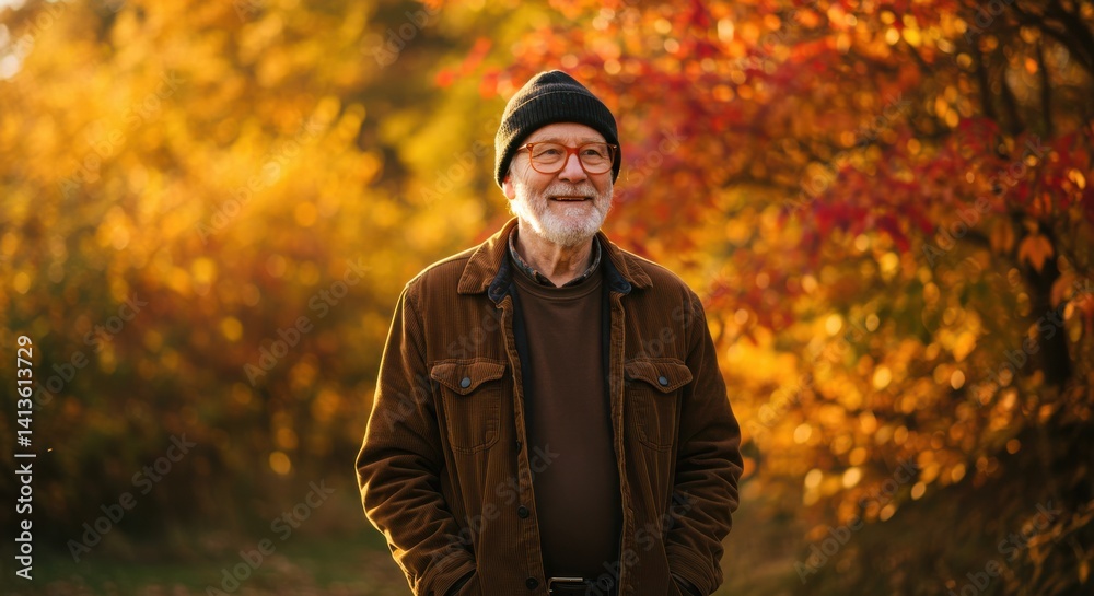 Elderly man smiling in autumn forest with warm sunlight and colorful foliage Elderly man smiling in autumn forest with warm sunlight and colorful foliage