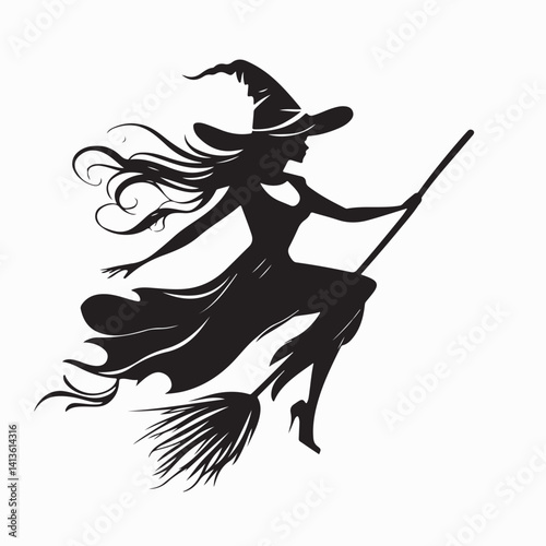 Silhouette witch flying on broomstick image vector isolated on white background.