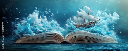 An open book with a sailing ship and marine life emerging, illustrating the fusion of storytelling and the boundless ocean of creativity and imagination
