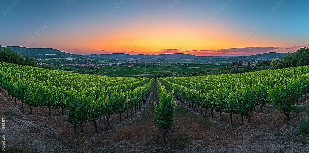 Obraz premium Rows grapevines villages hills background France.