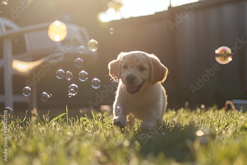 Wallpaper Mural Playful puppy chases bubbles in a sunlit backyard during the golden hour in early evening Torontodigital.ca