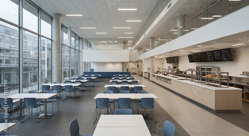 Modern Cafeteria Interior Design with Bright Lighting and Minimalist Tables